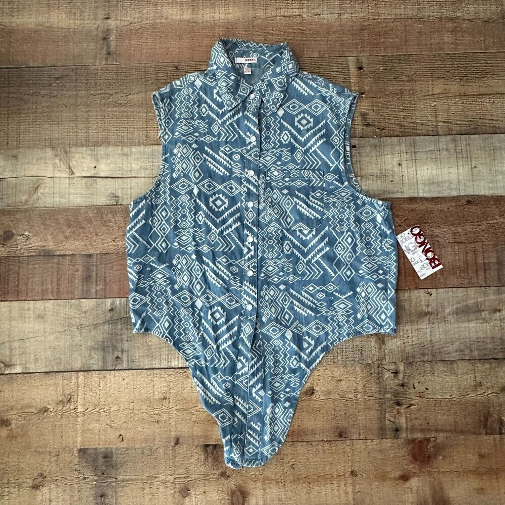BONGO Blue Geometric Sleeveless Button‑Up Shirt | Women's XL | 100% Cotton -NWTs
